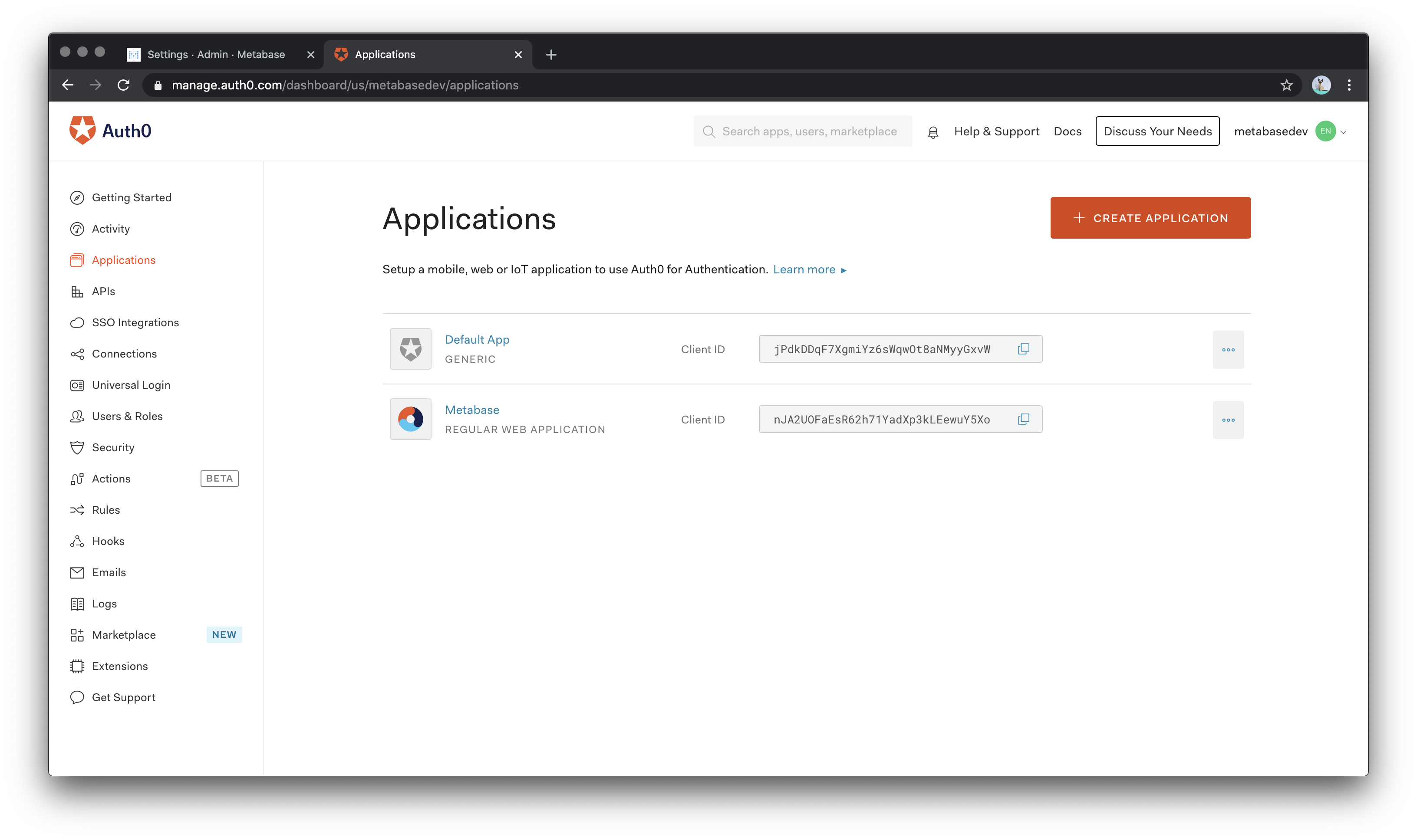 Auth0 Uygulamalar Sayfası