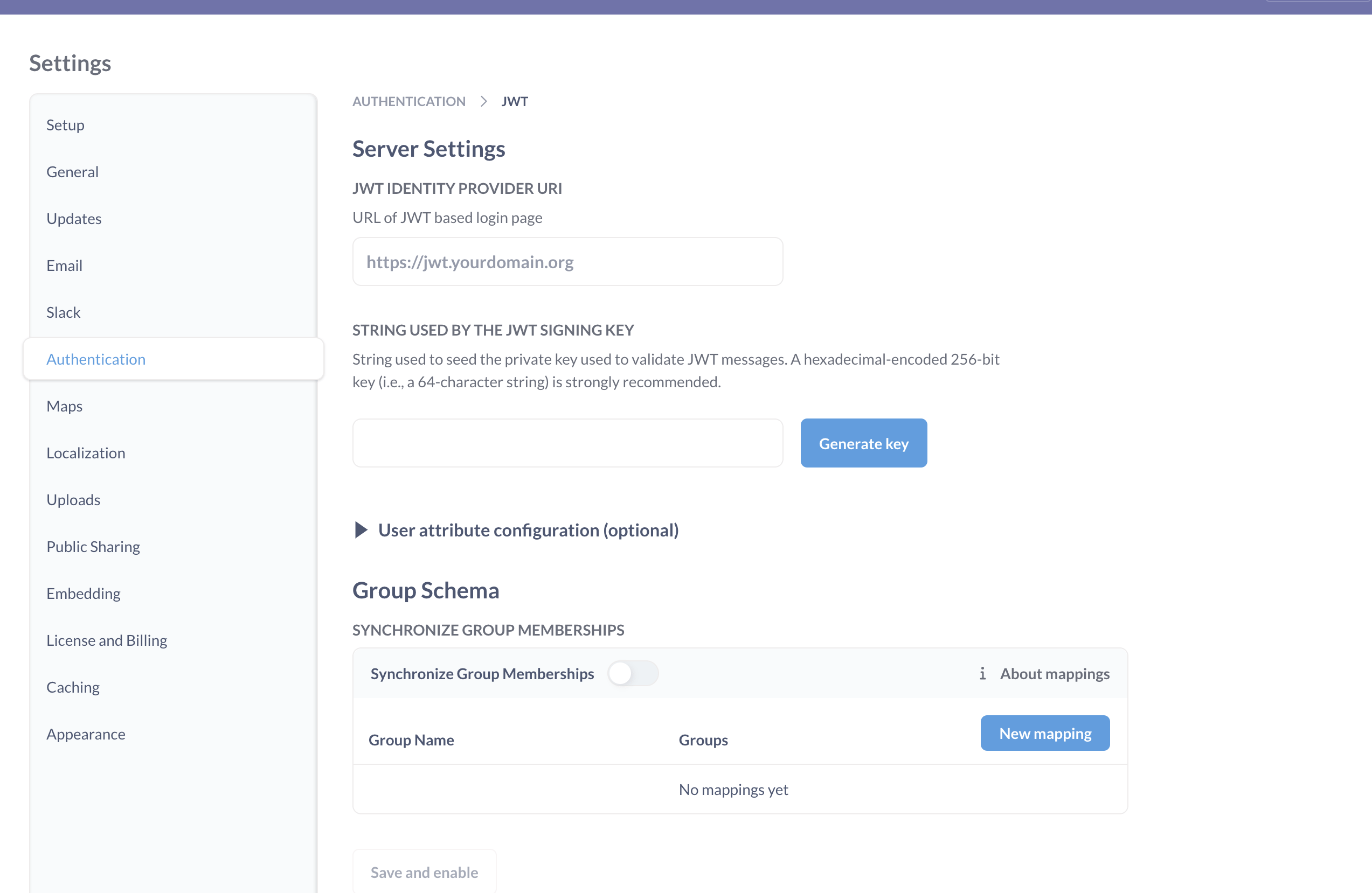 Yönetim ayarları: Kimlik Doğrulama > JTW kurulumu.