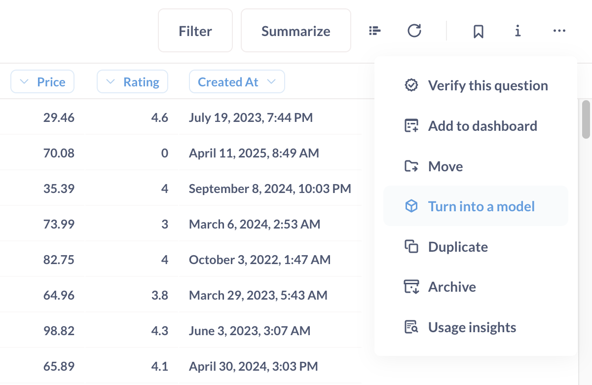 Kaydedilmiş bir soruyu modele dönüştürme